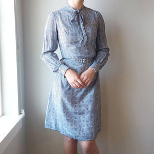 Vintage 60s Rogaire Blue Geometric Print Tie Neck Dress with Belt